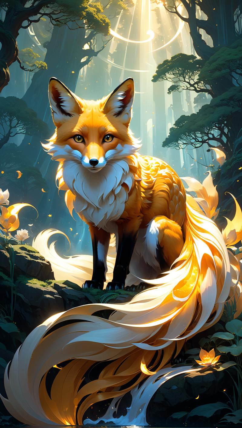 02141-79808411-A stunningly ethereal Solar Exquisite fox nine tails, a mythical creature with iridescent golden skin and flowing tendrils of ra.png